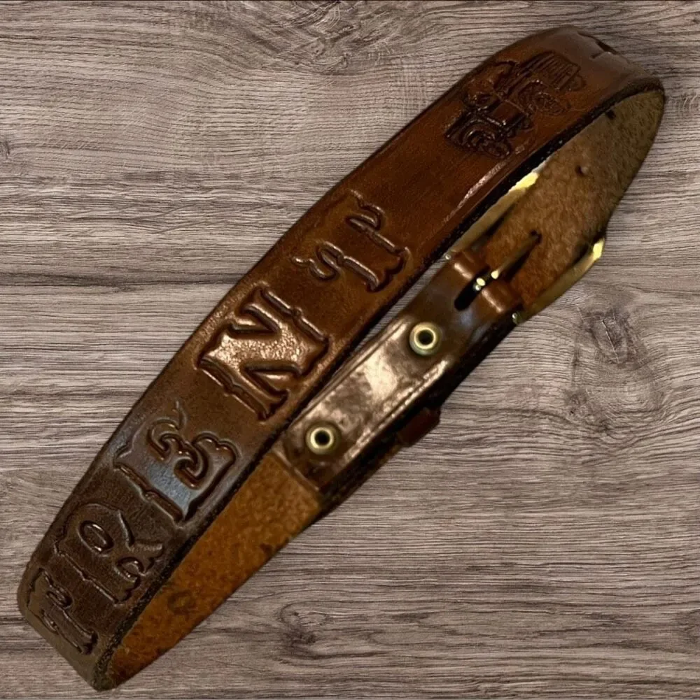 Trent Brown Leather Belt Embossed Name & Trucks Brass Tone Buckle